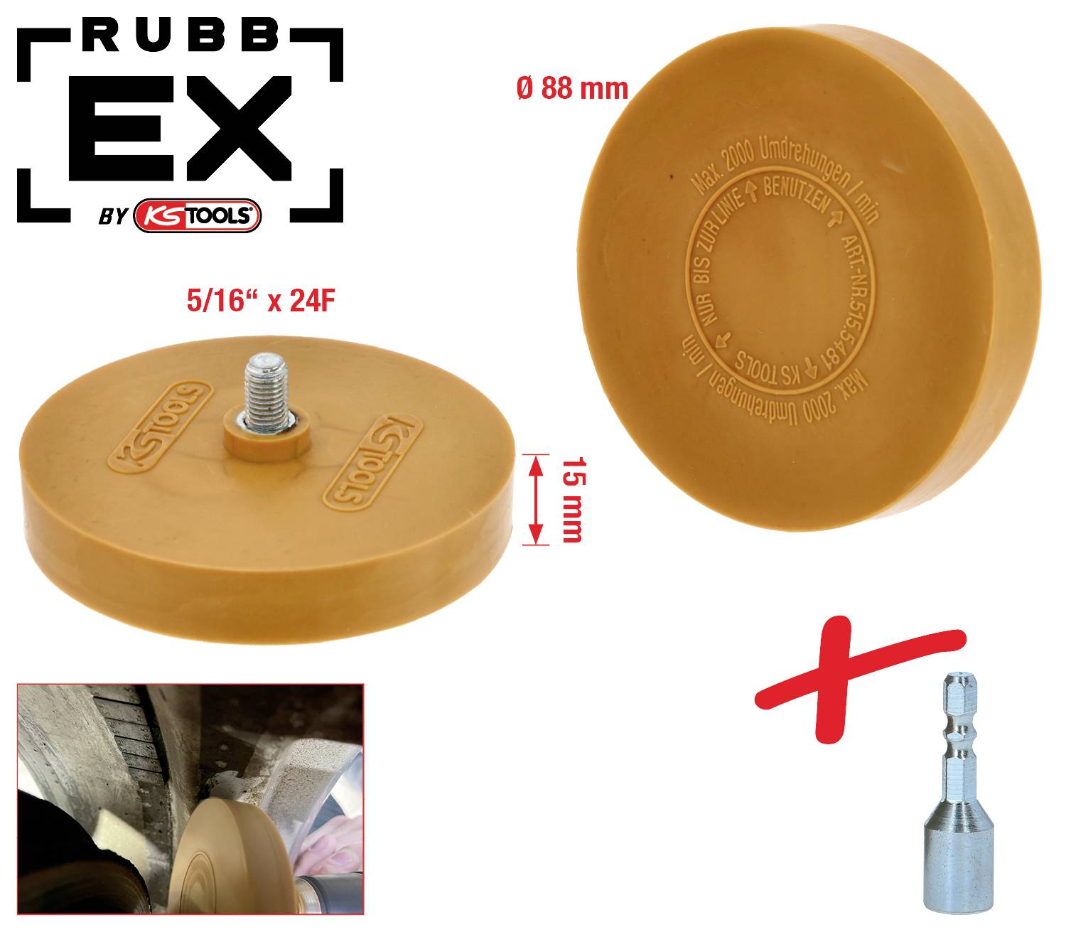 Figuren visar en radergummi med mått 88 mm i diameter och 15 mm i höjd. Tillbehör med en adapter tillkommer.