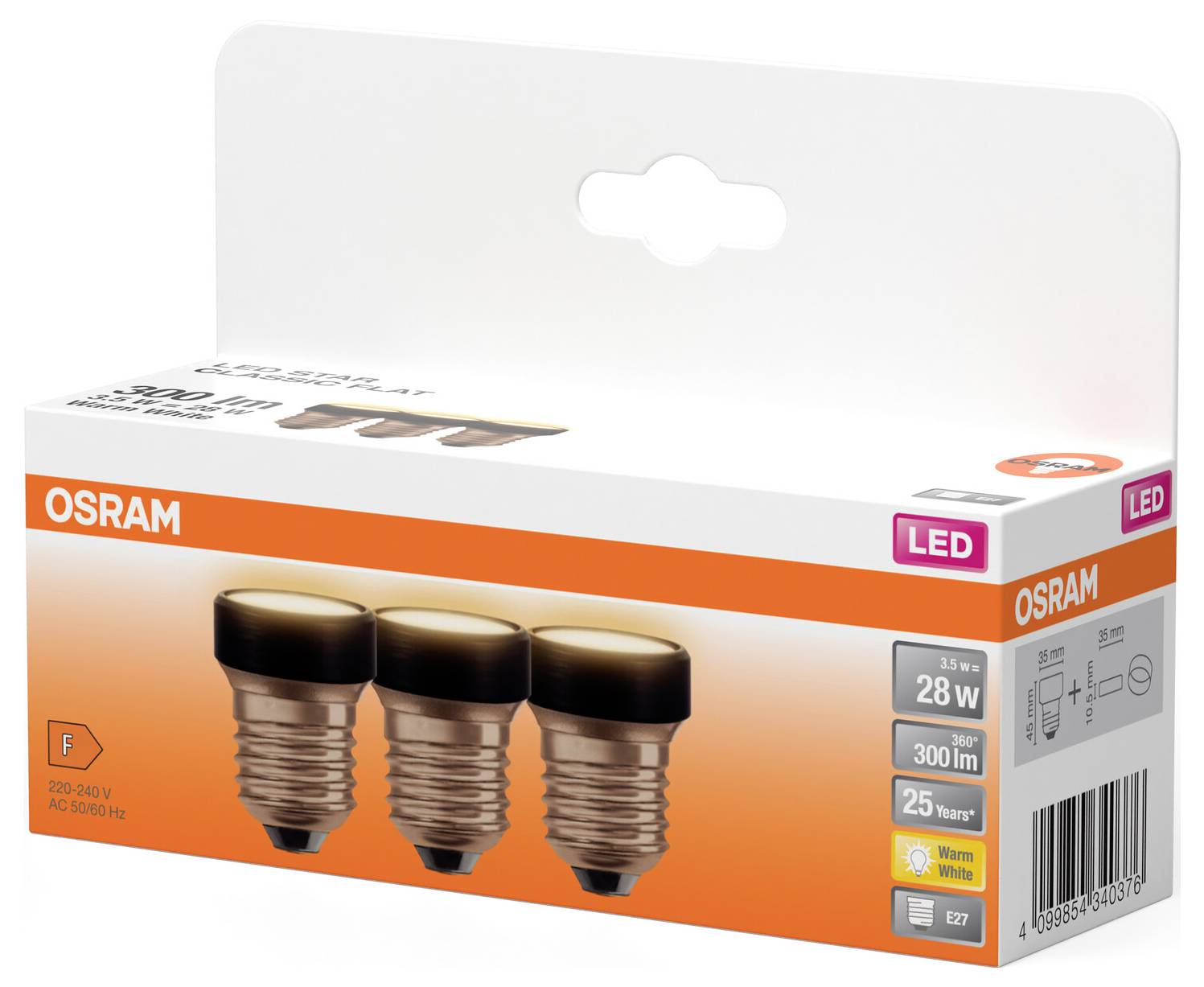 Förpackningen visar tre OSRAM LED-glödlampor med E27-sockel, 28W effekt, varmt vitt ljus, 300 lumen och en livslängd på 25 år.