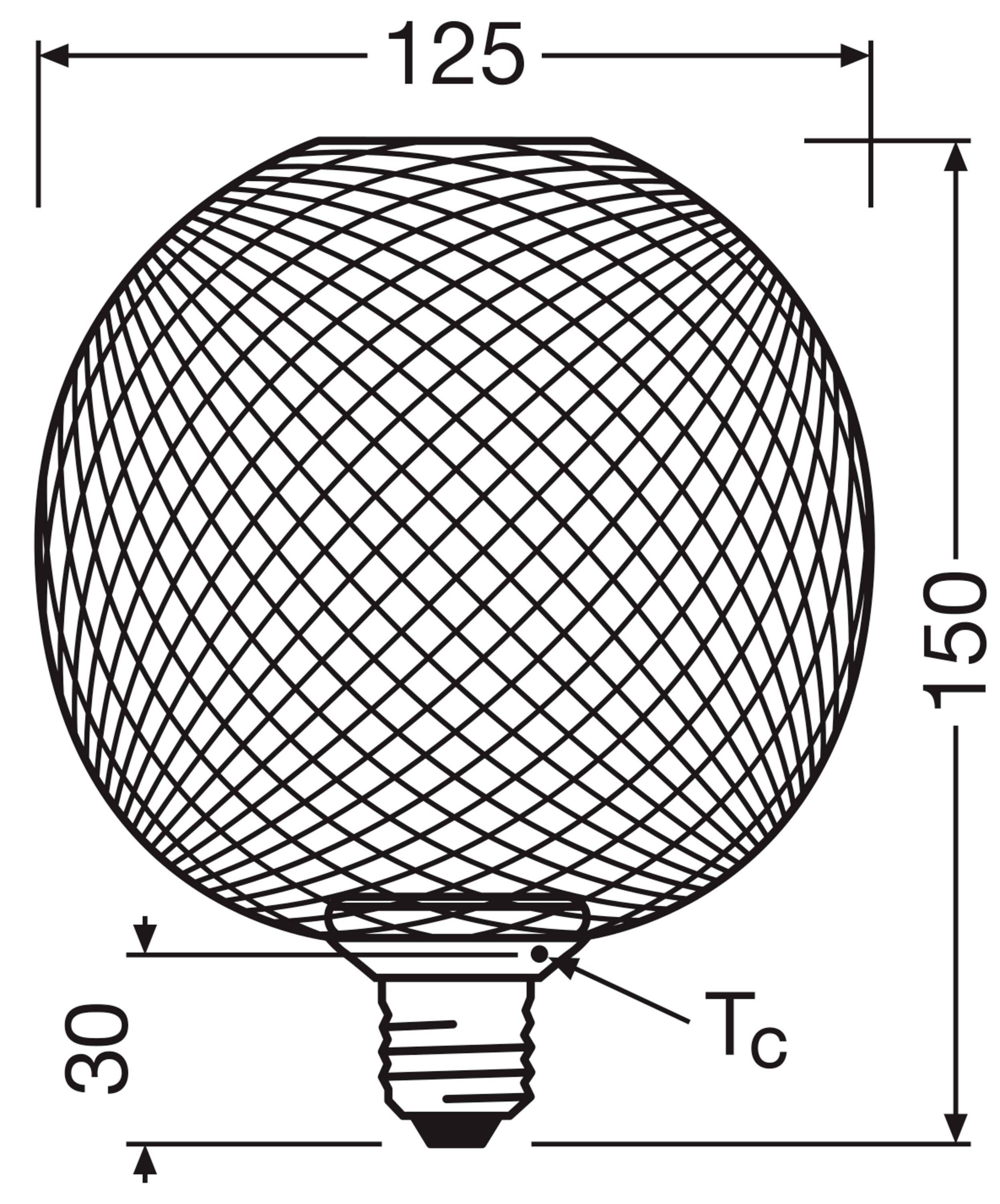 Diagram över en klotformad glödlampa med mått: Bredd 125 mm, höjd 150 mm, sockelhöjd 30 mm. Skruvfattning nedtill.