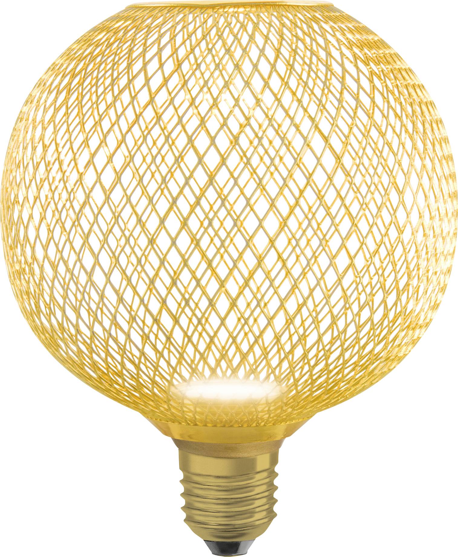En dekorativ glödlampa med en gyllene, klotformad, flätat yttre design som utstrålar ett varmt ljus.