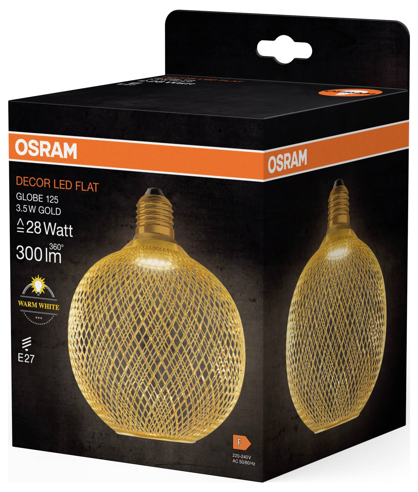 Svart förpackning med orange text 'OSRAM'. En gyllene LED-glödlampa visas, 28 watt, 300 lumen, sockel E27.