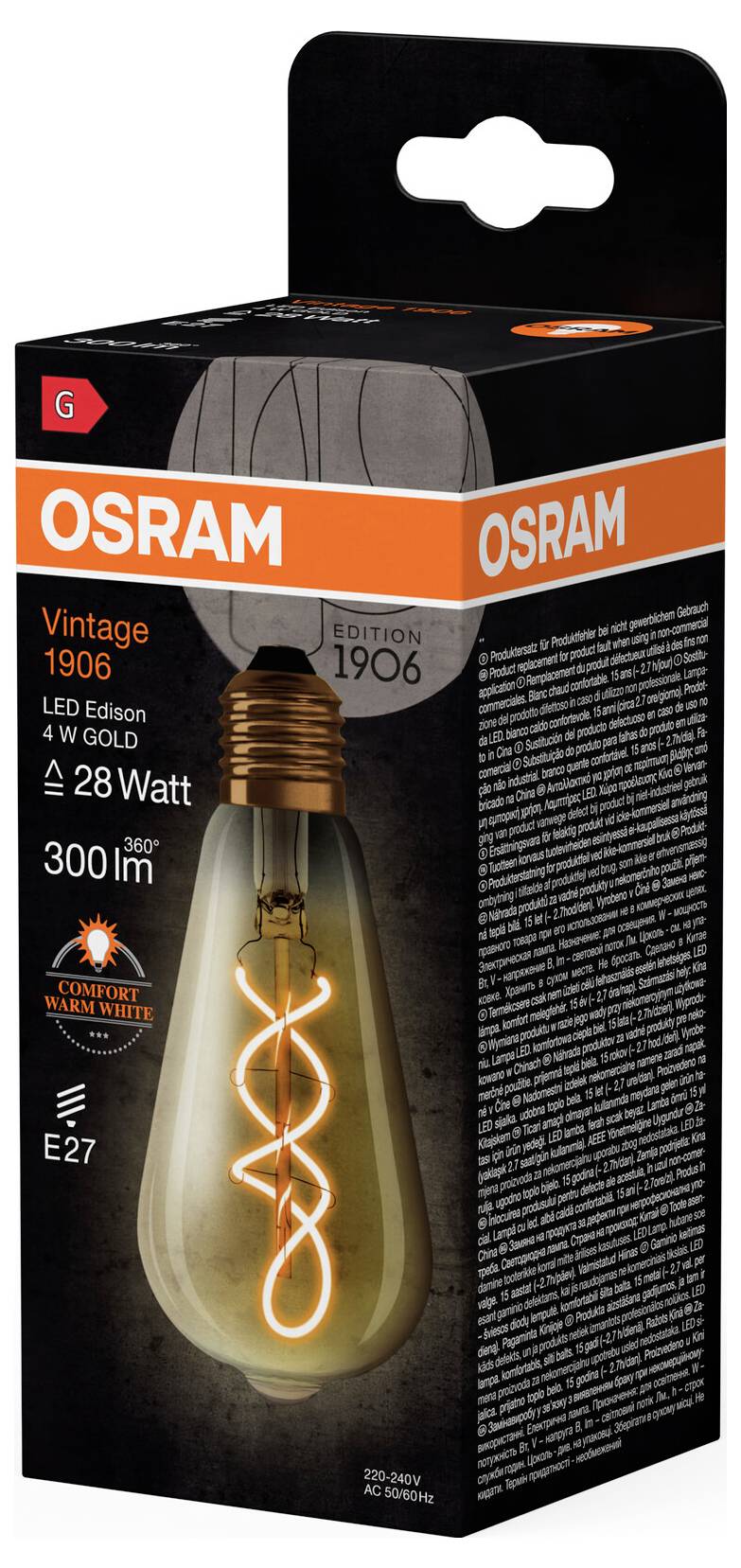 En förpackning för en LED-glödlampa från märket OSRAM med 4 watt, motsvarande 28 watt, 300 lumen, varmt vitt ljus, E27-sockel.