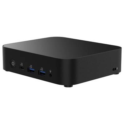En svart mini-dator med två USB-portar, en ljudanslutning och en nätströmbrytare på framsidan.