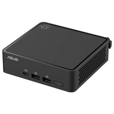 En kompakt, svart dator med tre USB-portar fram. Den har ASUS- och NUC-logotyper på ovansidan.
