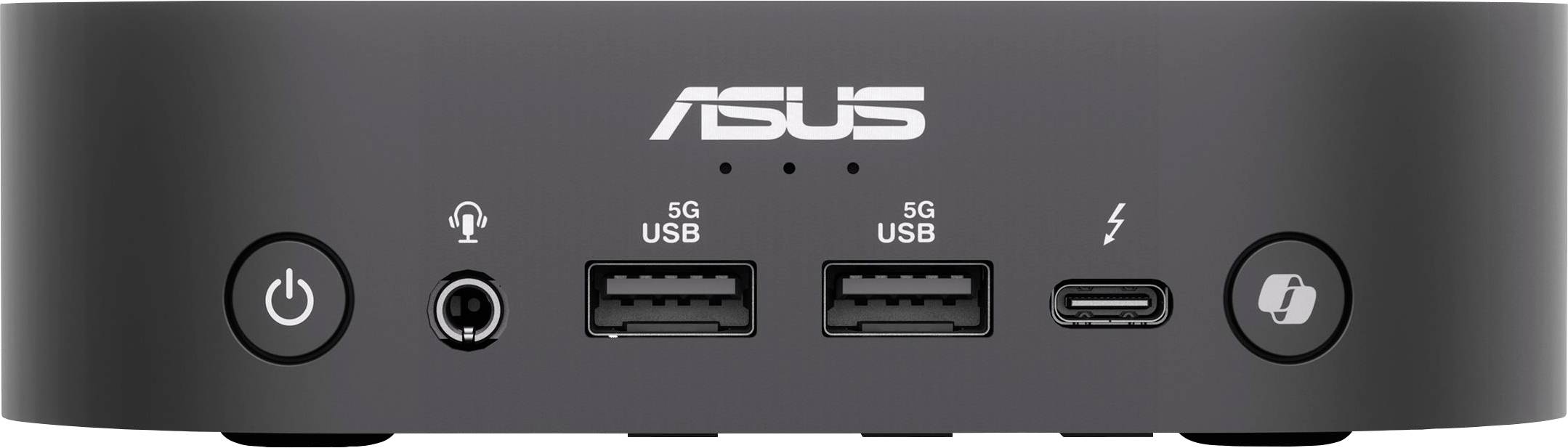 En svart ASUS mini-dator med två USB-portar, en USB-C-anslutning, ett hörlursuttag och en nätströmbrytare på framsidan.