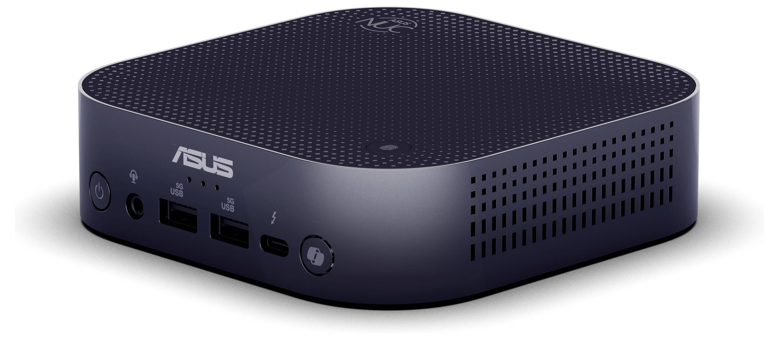 Kompakt svart mini-PC från ASUS med flera anslutningar på framsidan, lämplig för små arbetsytor.