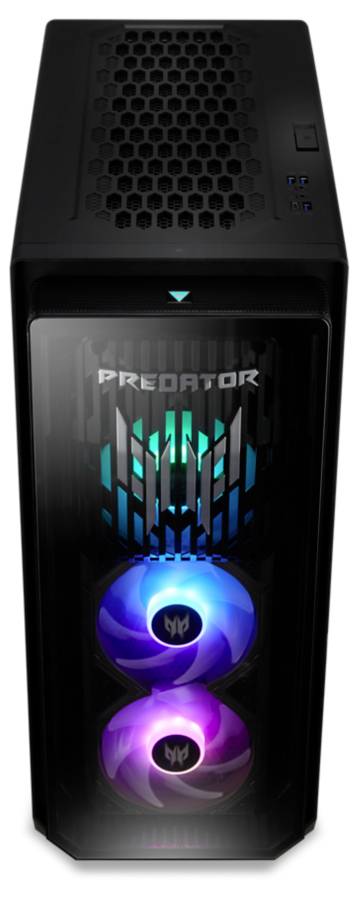 Stor svart gaming-PC-tower med två upplysta fläktar. Luftgaller på ovansidan, fram transparent med 'PREDATOR'-logotyp.