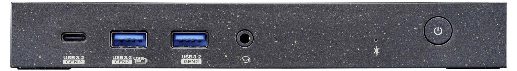 Framsidan av en enhet med två USB-portar, en ljudanslutning och en nätströmbrytare.