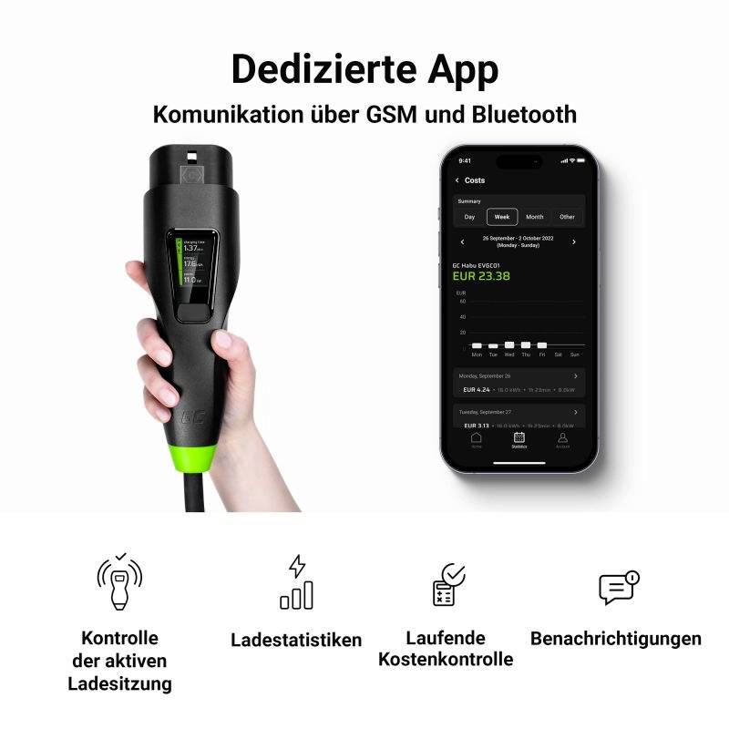 Händer håller en laddkontakt bredvid en smartphone som visar en app för kostnadskontroll för en dedikerad elbilsladdningsstation.
