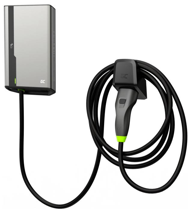 Laddstation för elfordon med svart kabel och kontakt.
