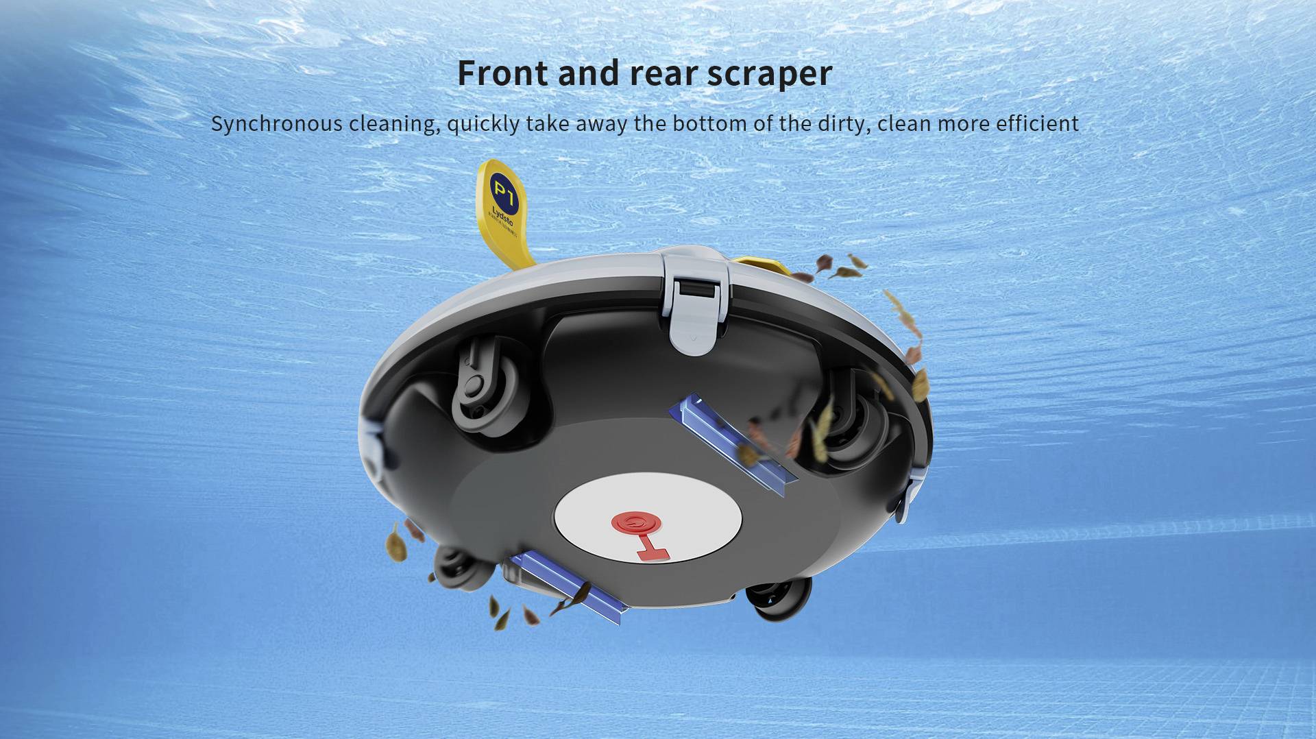 Undervattensrengöringsrobot med borstar och skrapor rensar simultant poolbotten och avlägsnar smuts effektivt.