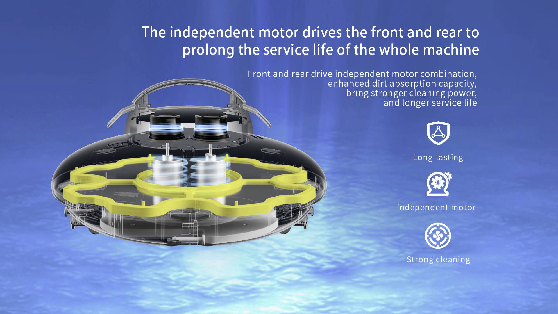 Bild av en rengöringsrobot med text som förklarar fördelar som lång livslängd, oberoende motor och kraftig rengöring.