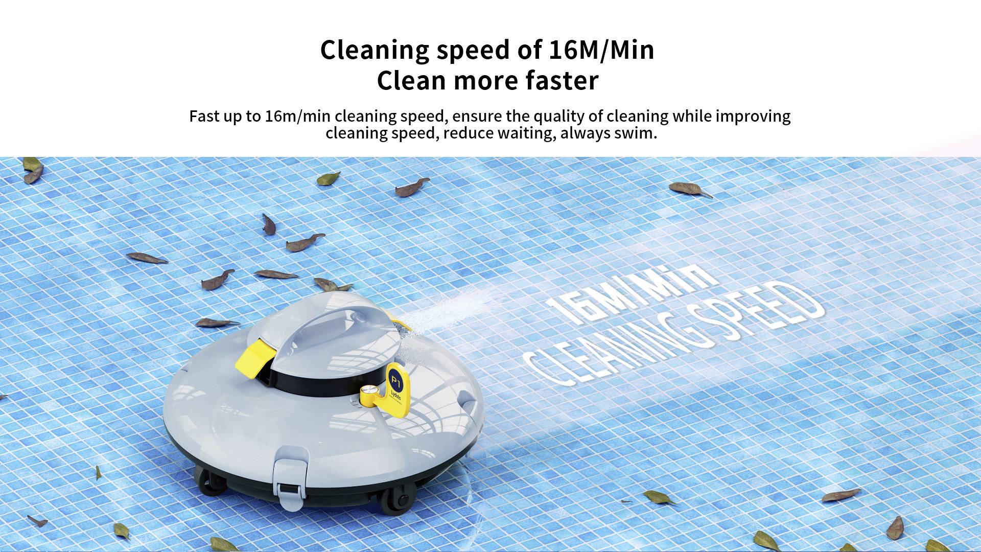 En poolrengöringsrobot tar bort löv från en pool. Texten på bilden betonar rengöringshastigheten på 16 meter per minut.