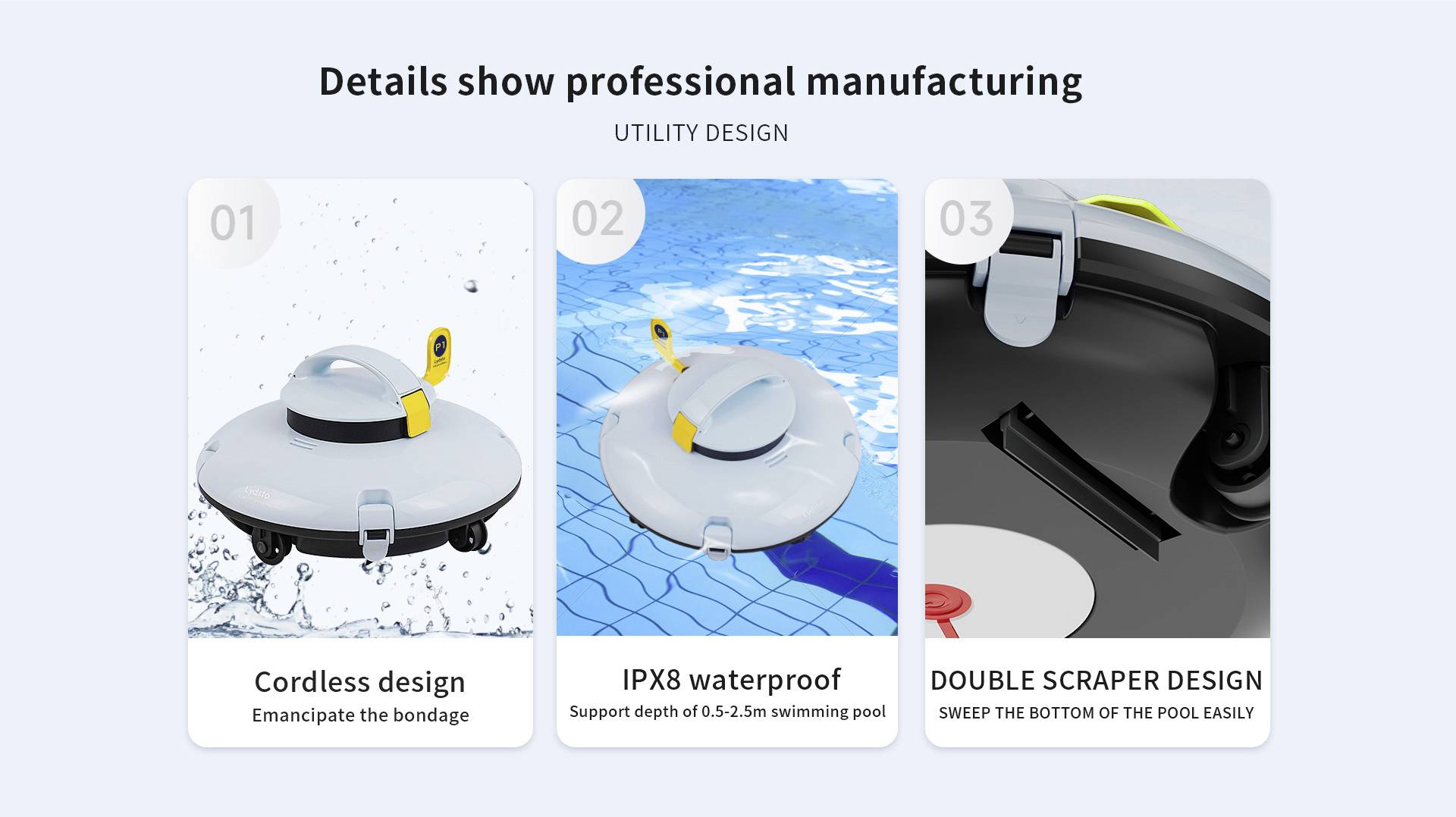 'Tre bilder visar olika designer av en poolrengörare: trådlös, IPX8 vattentät, dubbelsidig skrapa.'