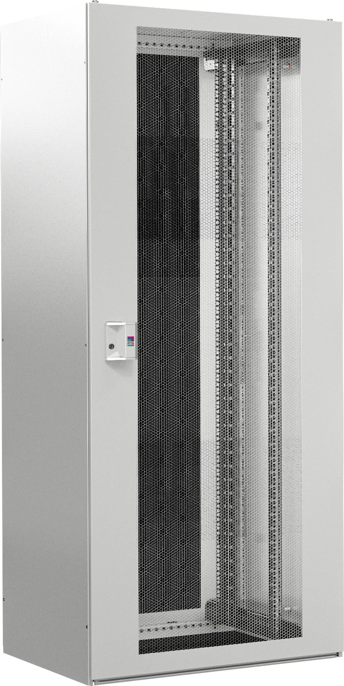 Ett högt, grått kopplingsskåp med perforerad metalldörr, lämpligt för förvaring av server- eller nätverksutrustning.