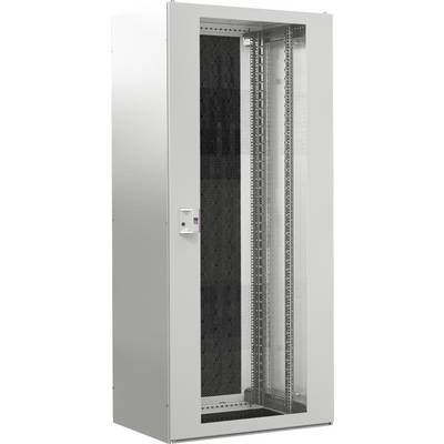 Ett högt, grått kopplingsskåp med perforerad metalldörr, lämpligt för förvaring av server- eller nätverksutrustning.