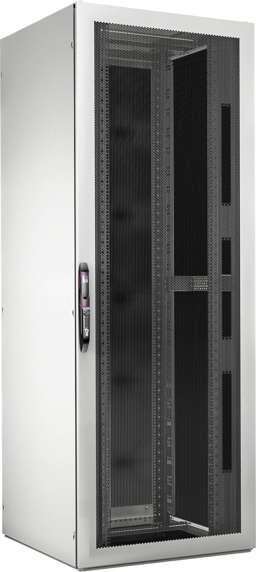 Ett silverfärgat serverrack med glasdörr. Det står upprätt och visar delvis en svart interiör.