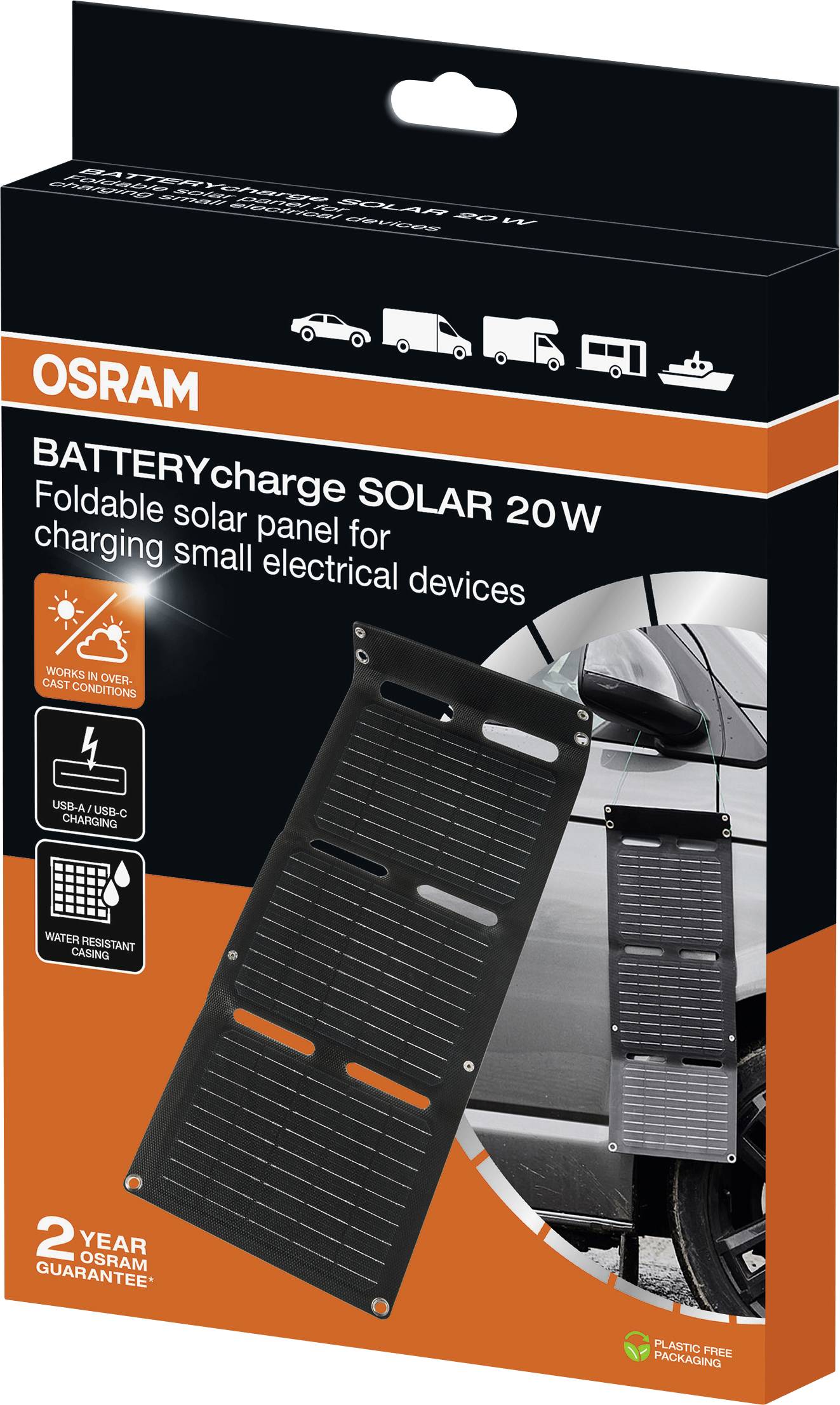 'OSRAM BATTERYcharge SOLAR 20W' vikbart solpanel för laddning av små elektroniska enheter. Förpackningen visar användning vid bilens fönster.