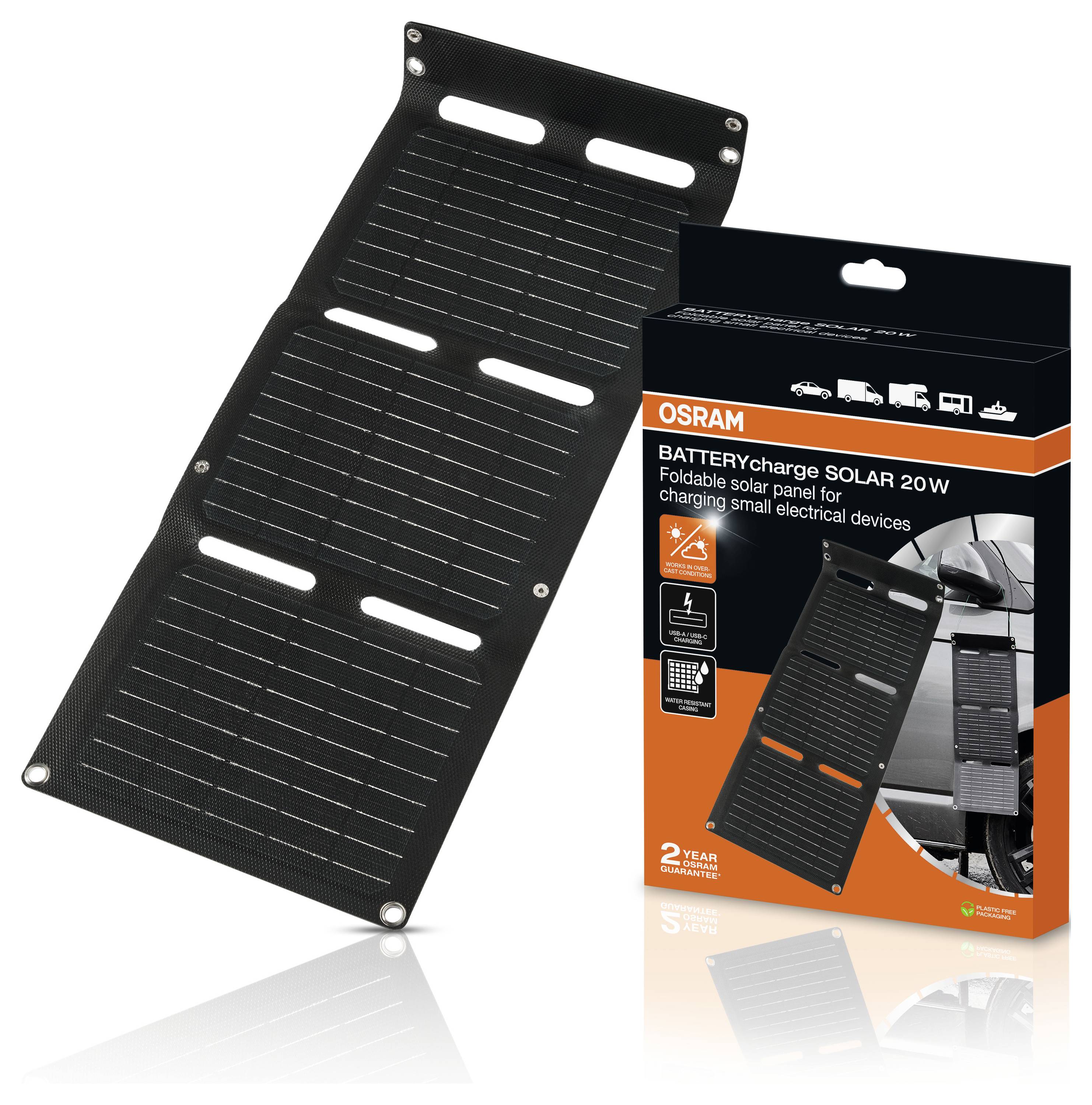Vikbart solarpanel på 20W från märket OSRAM, presenterat i en förpackning, lämpligt för laddning av små elektroniska enheter.