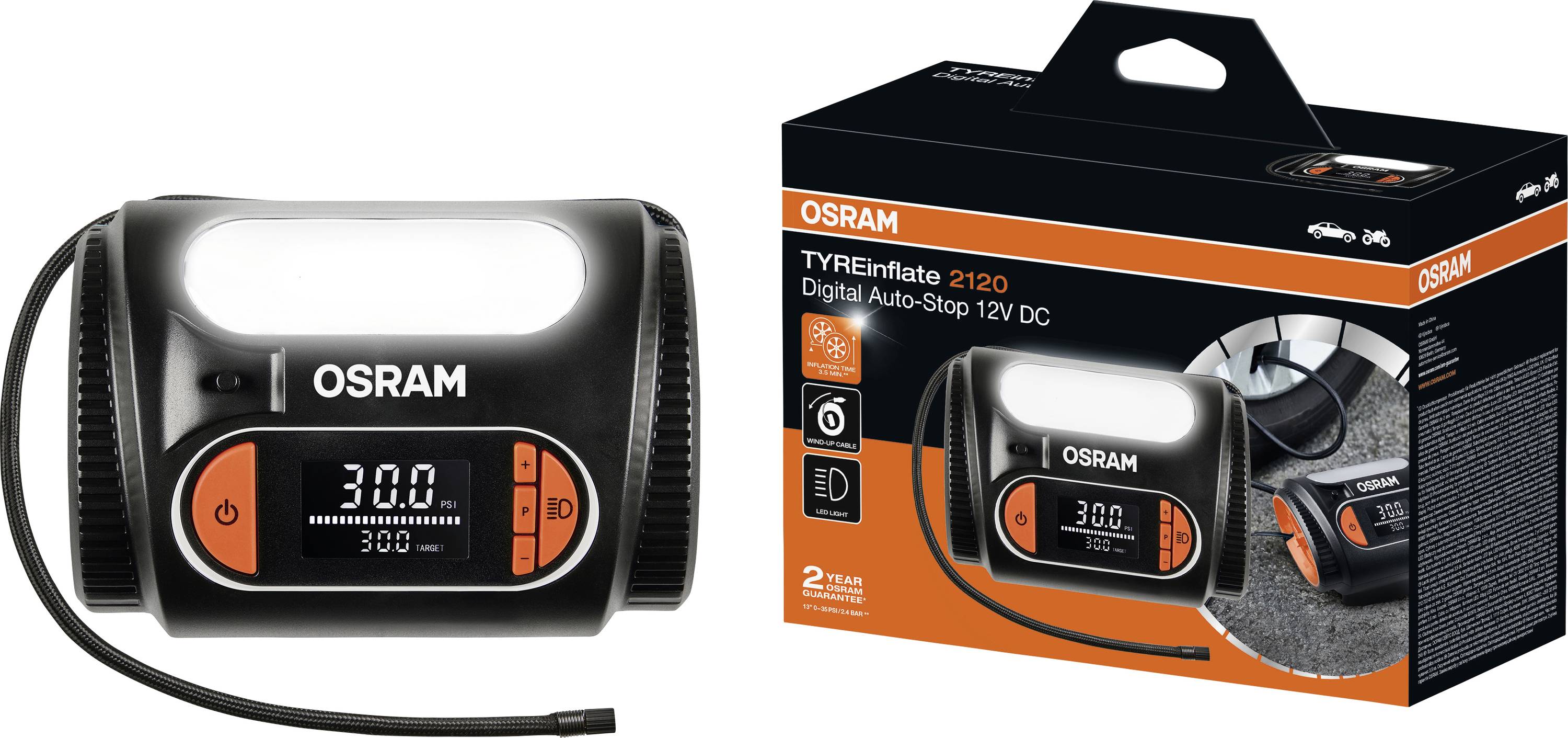 Digital däcktrycksmätare "OSRAM TYREinflate 2120" med automatisk avstängning. Display visar tryck i bar. Förpackning till höger.