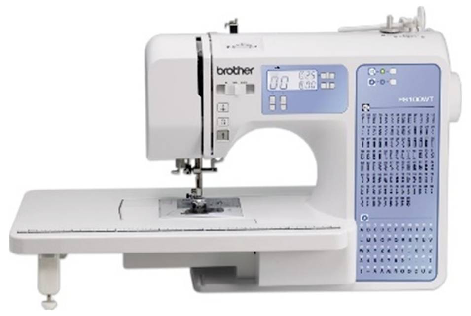 Symaskin med inbyggd display och flera sömtyper visad på en blå manöverpanel.