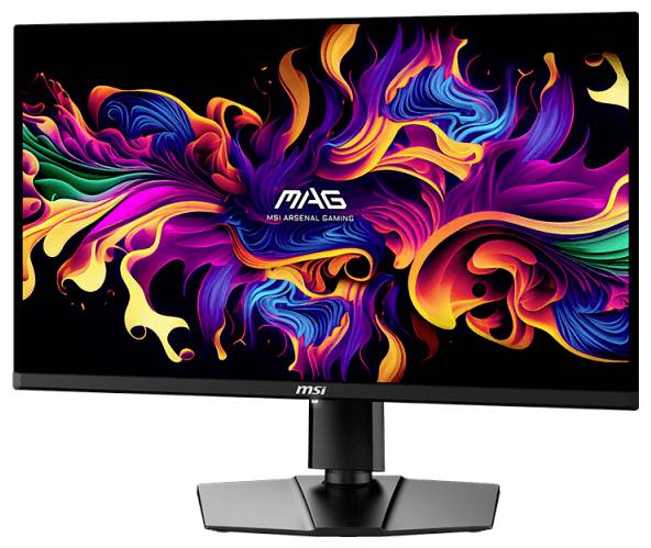 En skärm visar ett färgglatt, abstrakt konstverk med svängda, lysande former på en svart bakgrund.