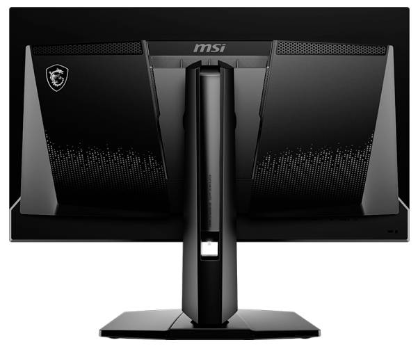 En svart datorskärm sedd bakifrån, med varumärkets logotyp i det övre vänstra hörnet och tydliga designelement på baksidan.