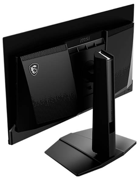 En svart datorskärm sedd bakifrån, med MSI-logotypen synlig på baksidan, står på ett stabilt stativ.