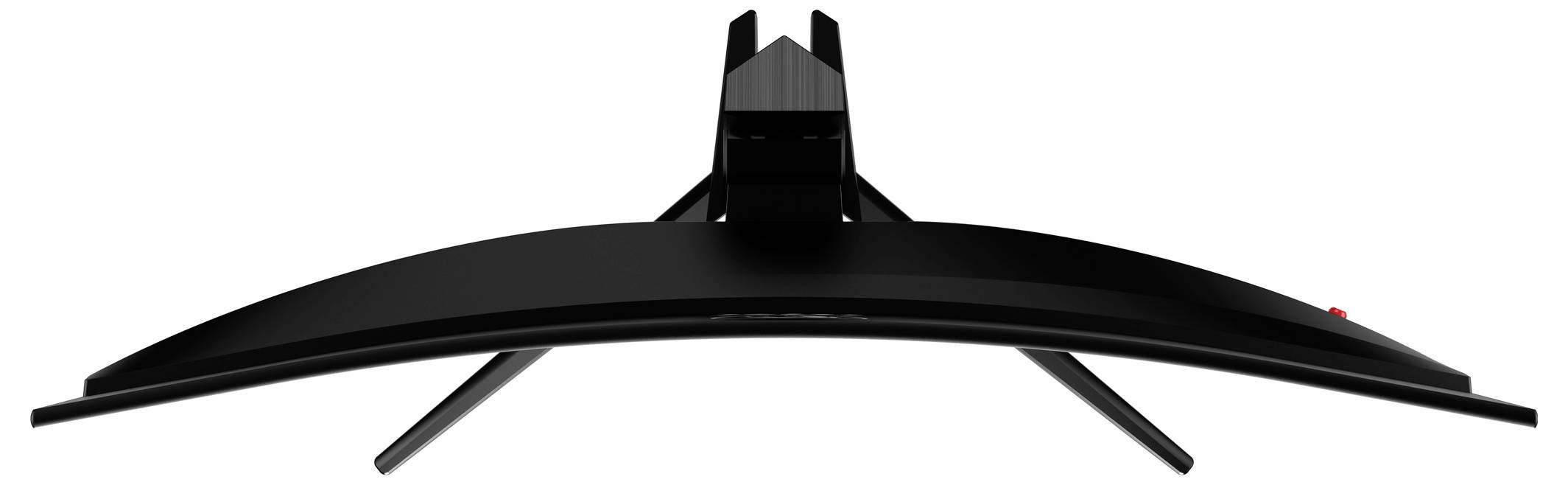 Böjd skärm med ett smalt, modernt design, svart ram och stativ. Ovanifrån syns den kurvade formen.