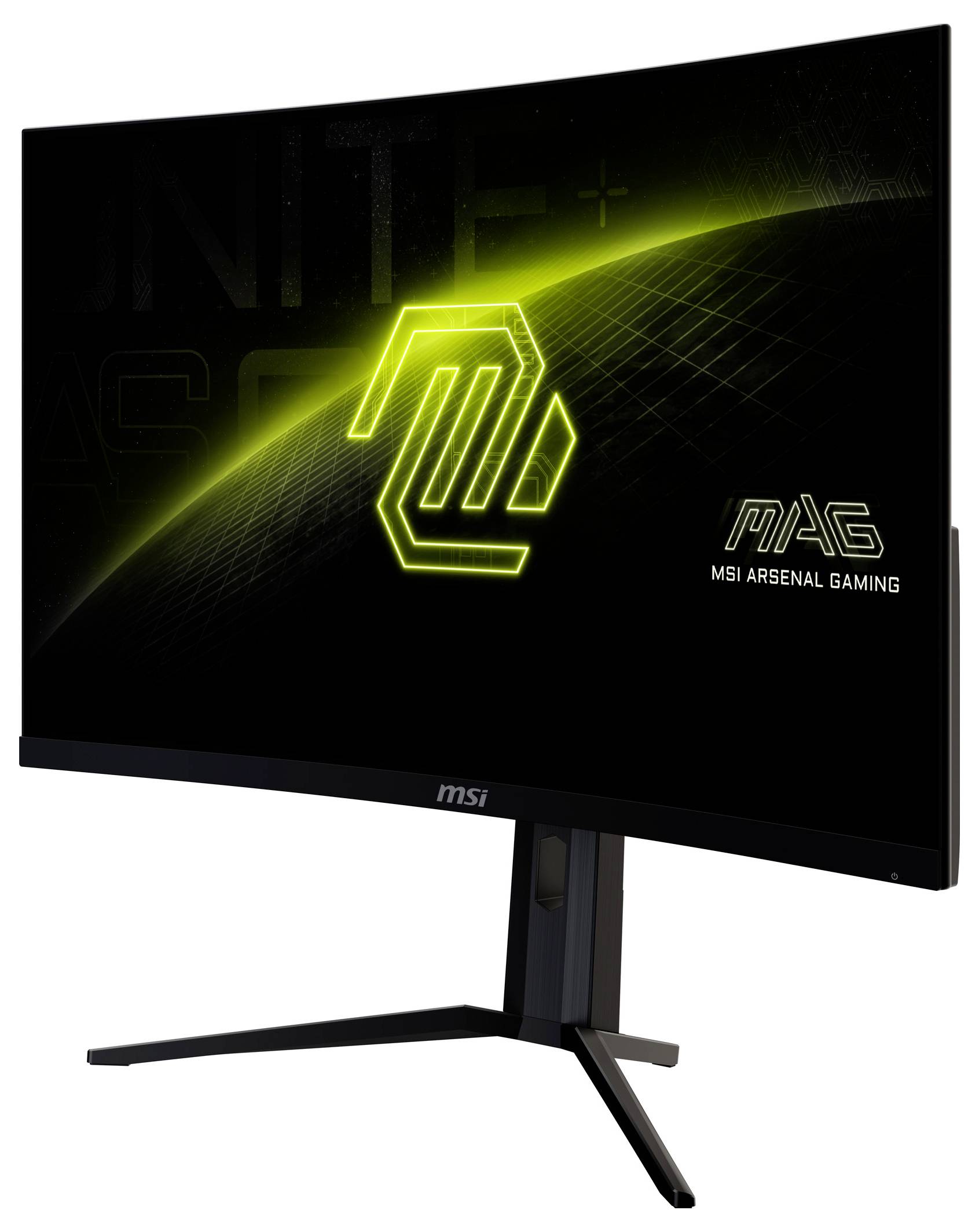 En böjd skärm med ett lysande gult logo och texten 'MSI Arsenal Gaming' på svart bakgrund.