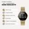 En guldfärgad smartwatch med rund urtavla visar tiden. Text bredvid anger funktioner: AMOLED-skärm, 6 dagars batteritid, WhatsApp, samtal, andningsövningar, kompatibel med Apple & Android, viktminskningsstöd.