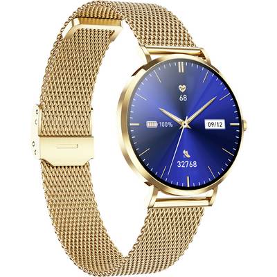 Guldigt smartwatch med blå urtavla visar datum '09/12', hjärtfrekvens '68', batterinivå '100%' och steg '32768'.