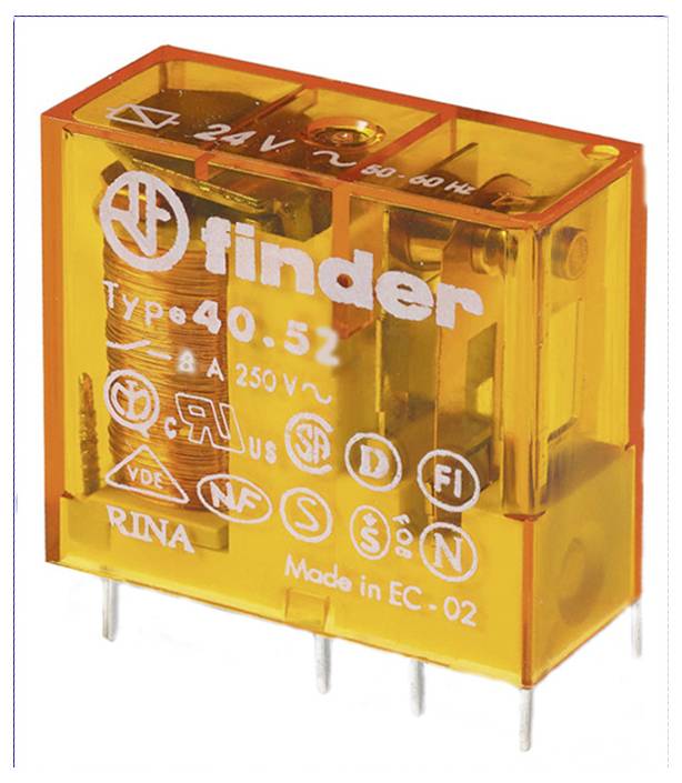 Ett orangefärgat relä med påskriften 'finder Typ 40.52'. Det har tekniska symboler och är lämpligt för 250V spänning.