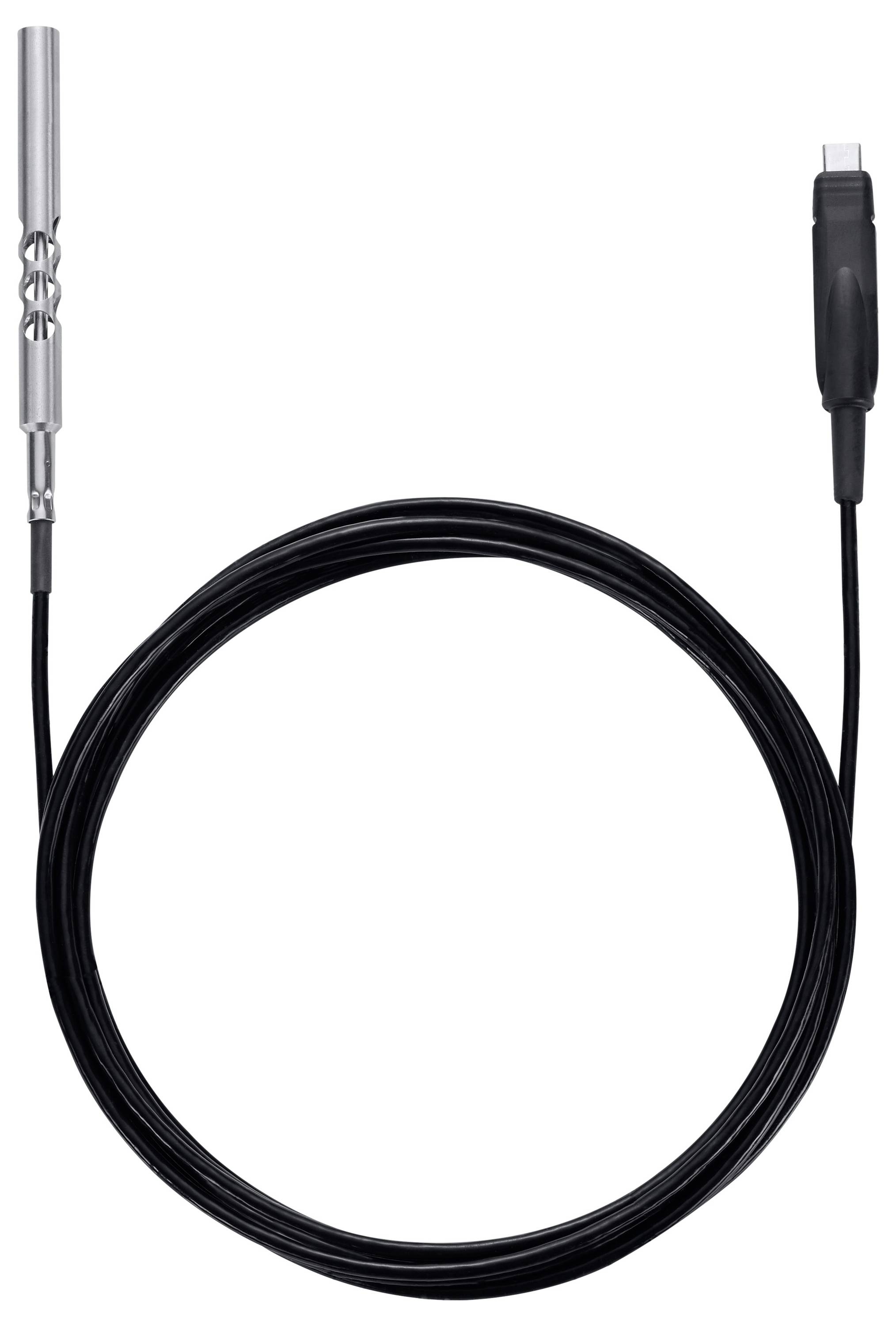 Ett svart USB-C-kabel med en blank silvermetallstav i ena änden, lämplig för elektroniska anslutningar.