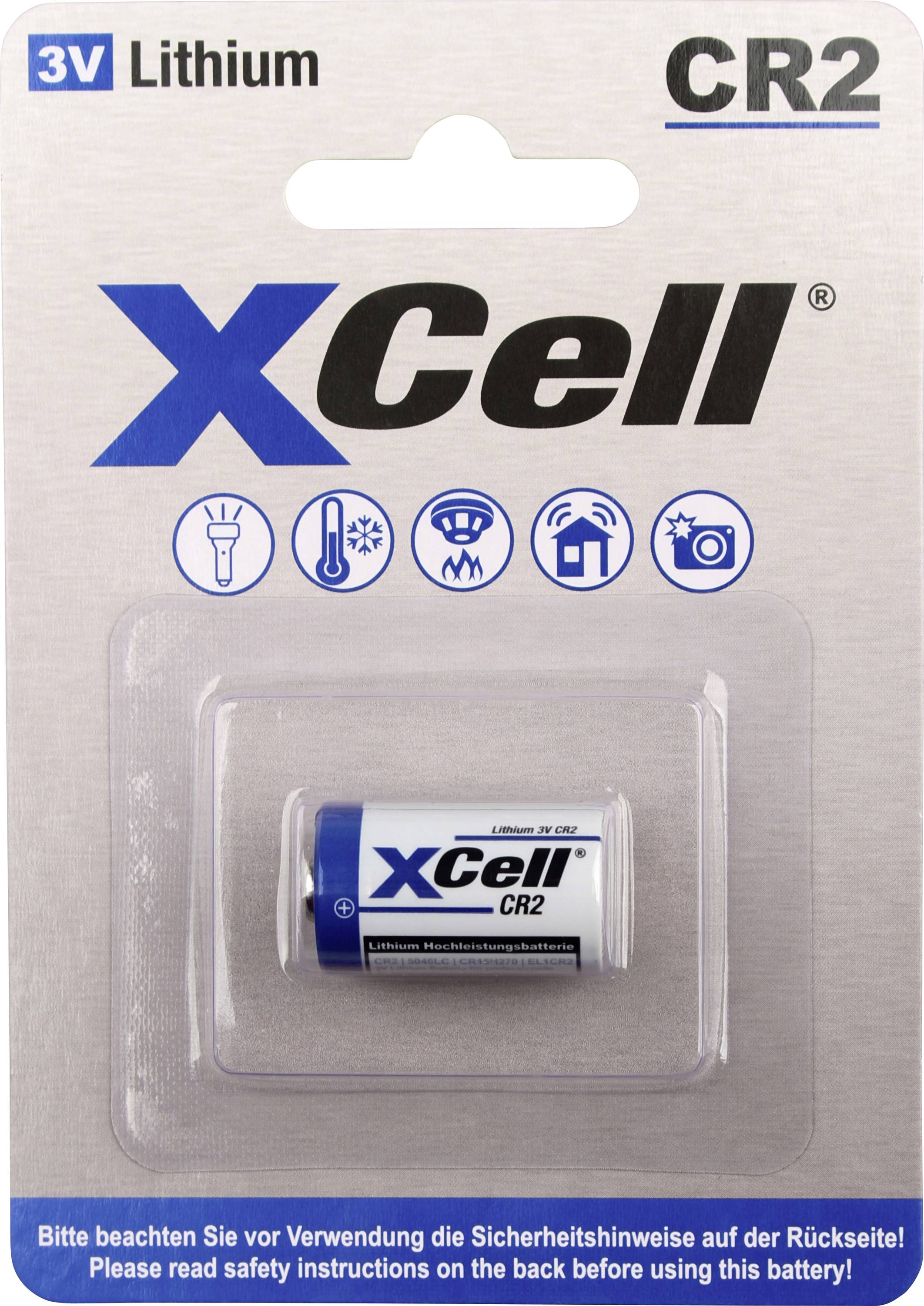 XCell CR2 3V litiumбатteri i förpackning. Symboler visar att det är långlivat, snabbt att ladda och kan användas flera gånger.