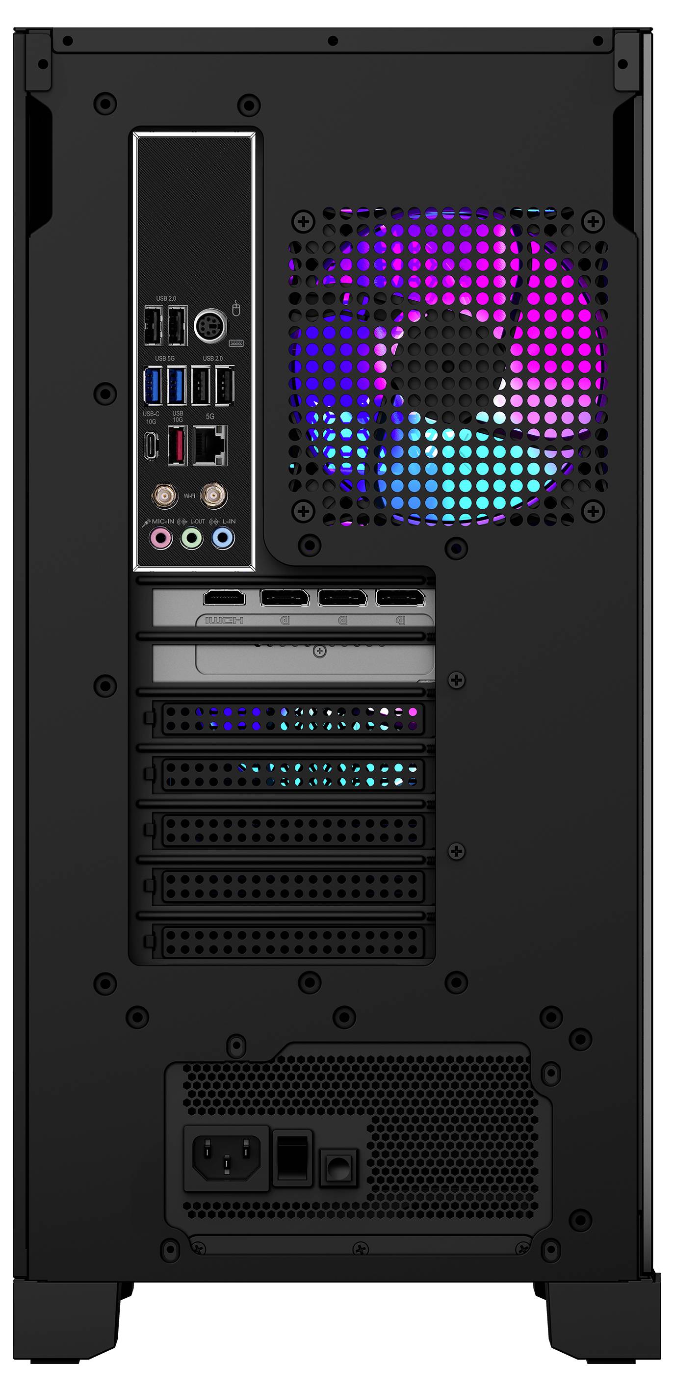 Baksidan av ett datorhölje med flera anslutningar, fläktar med RGB-belysning och åtta expansionsplatser.