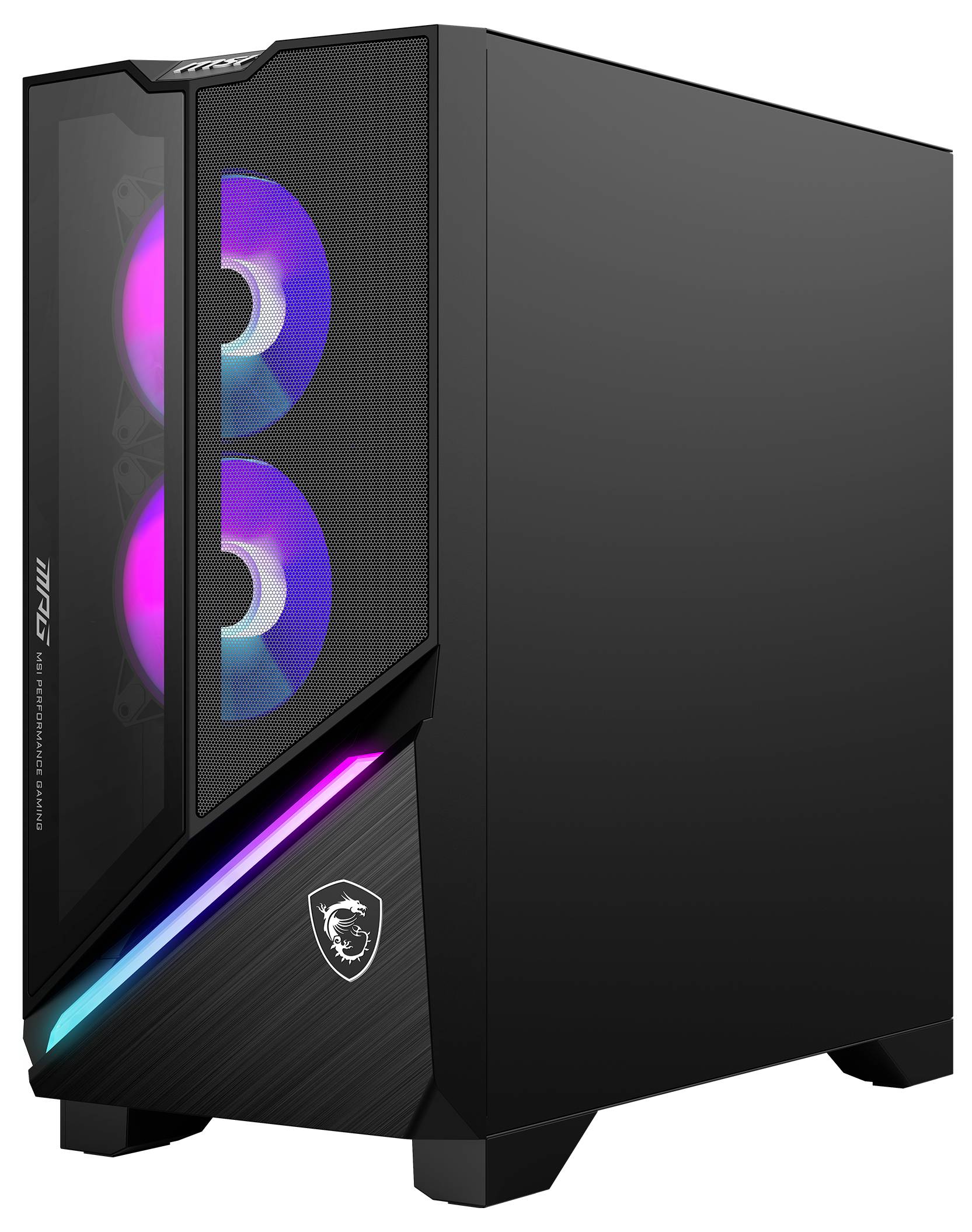 Svart datorlåda med två RGB-belysta fläktar fram och ett ytterligare RGB-band på höljet.