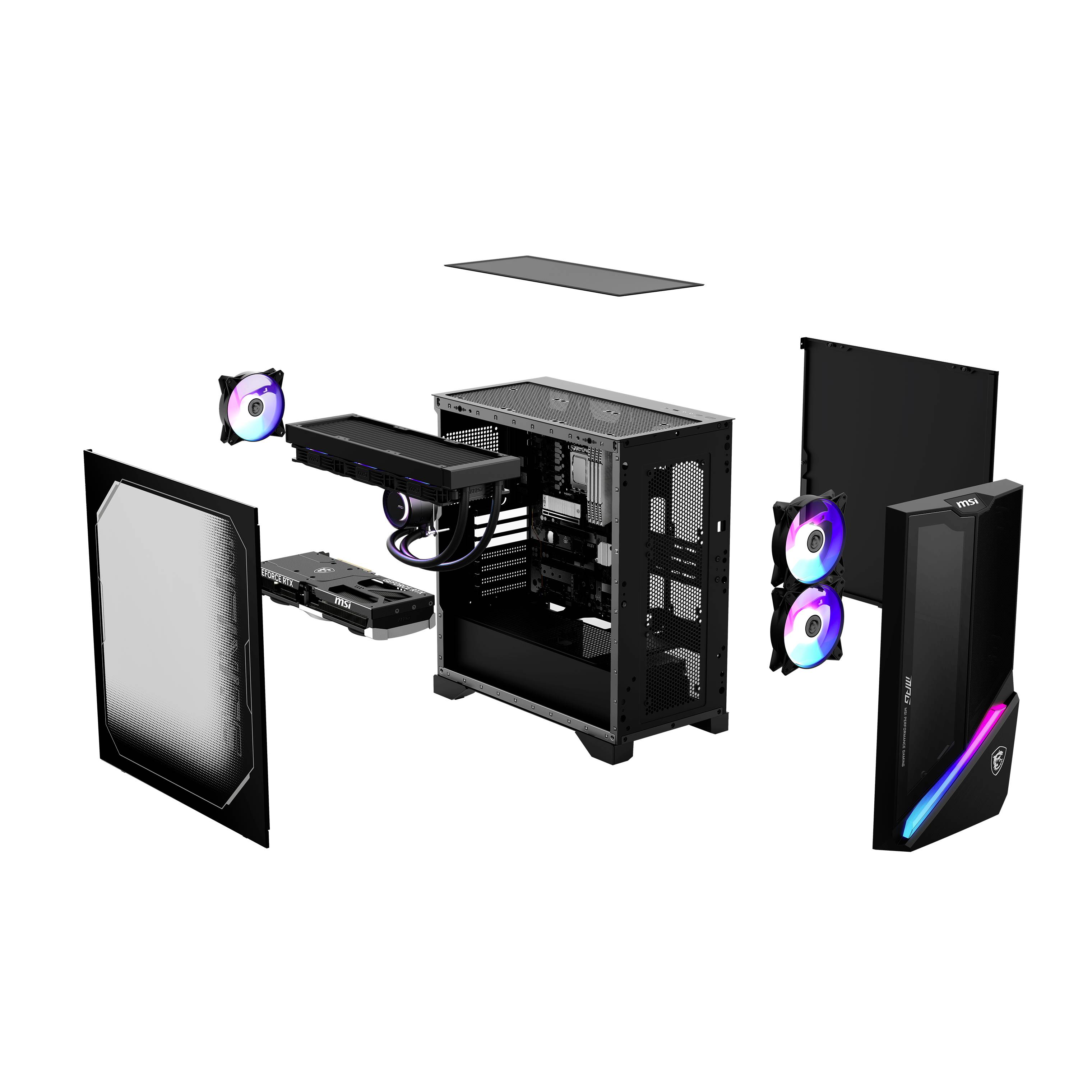 Högkvalitativ, isärtagen dator med exponerad hårdvara, inklusive chassi, grafikkort, fläktar och lock, mot en vit bakgrund.