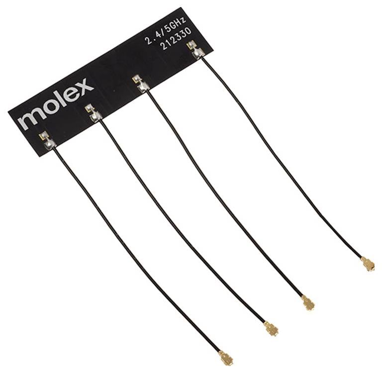 Fem svarta kablar med ett rektangulärt kontaktdon högst upp, märkta 'molex', lämpliga för 2,4/5 GHz-applikationer.