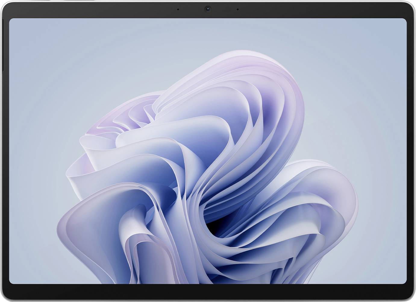 En surfplatta visas framifrån med en spiralformad abstrakt bakgrund i pastellfärger.