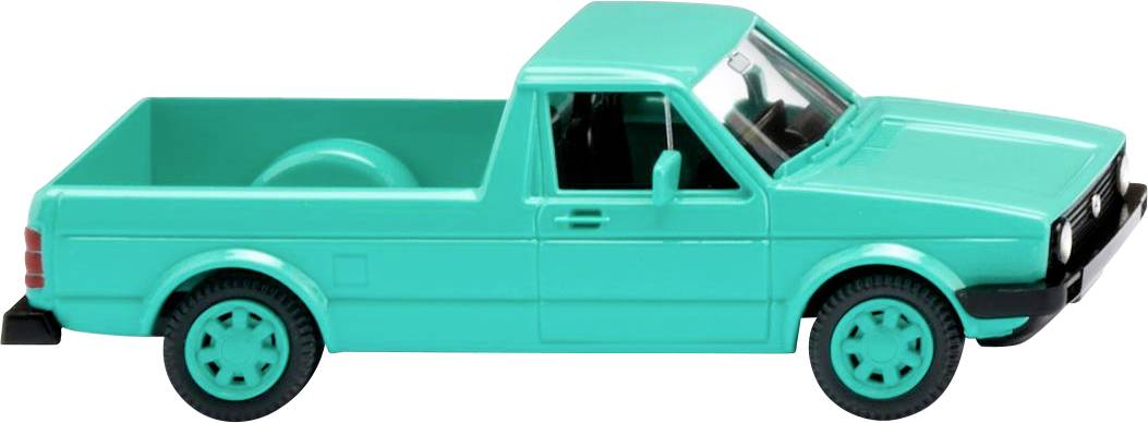 En leksakmodell av en turkos pickup-truck sedd i profil, med synlig lastyta och tydliga detaljer i ett rent formspråk.