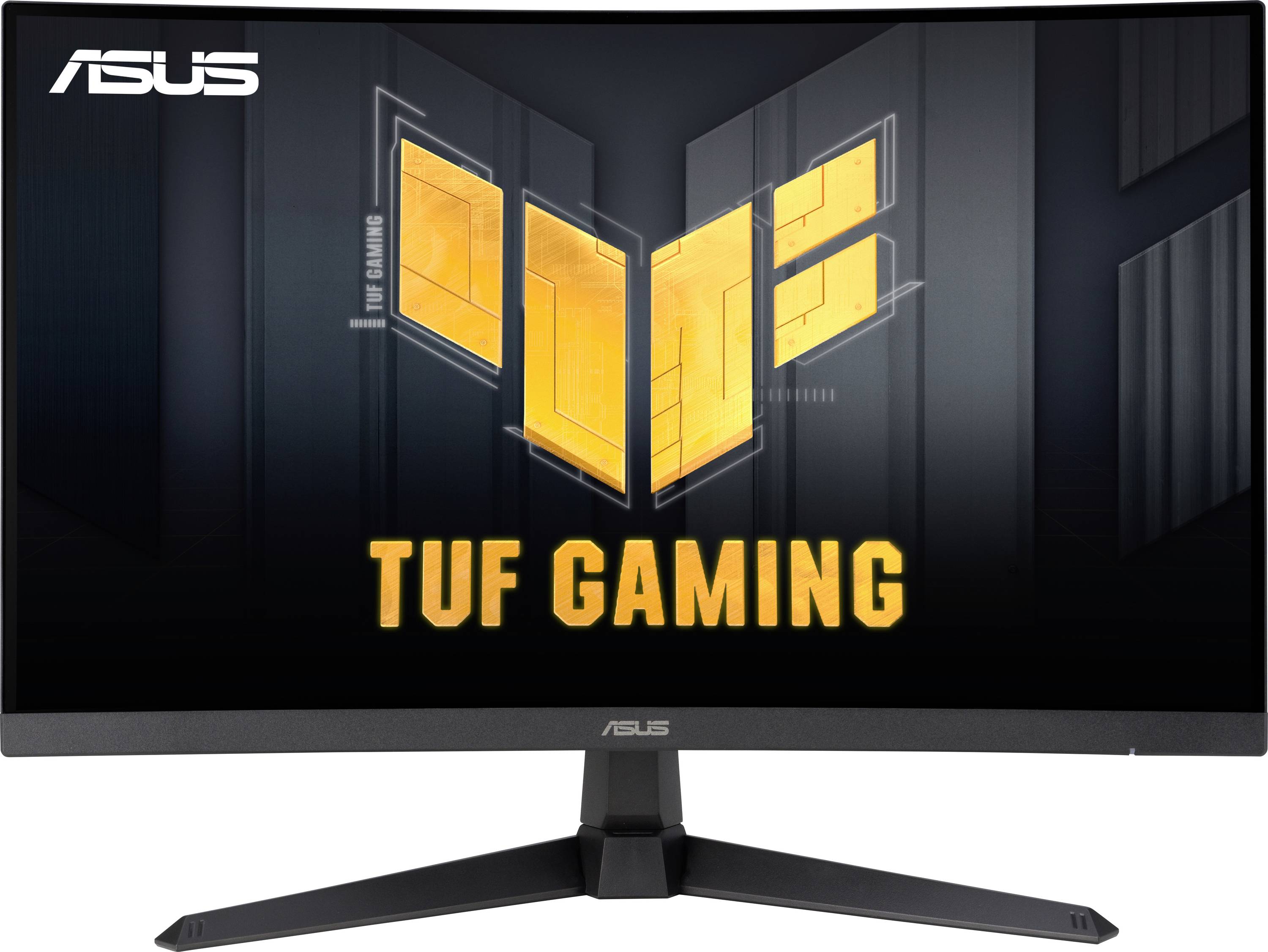 En ASUS TUF Gaming-skärm med svart-grå design. På skärmen syns TUF Gaming-logotypen i gult.