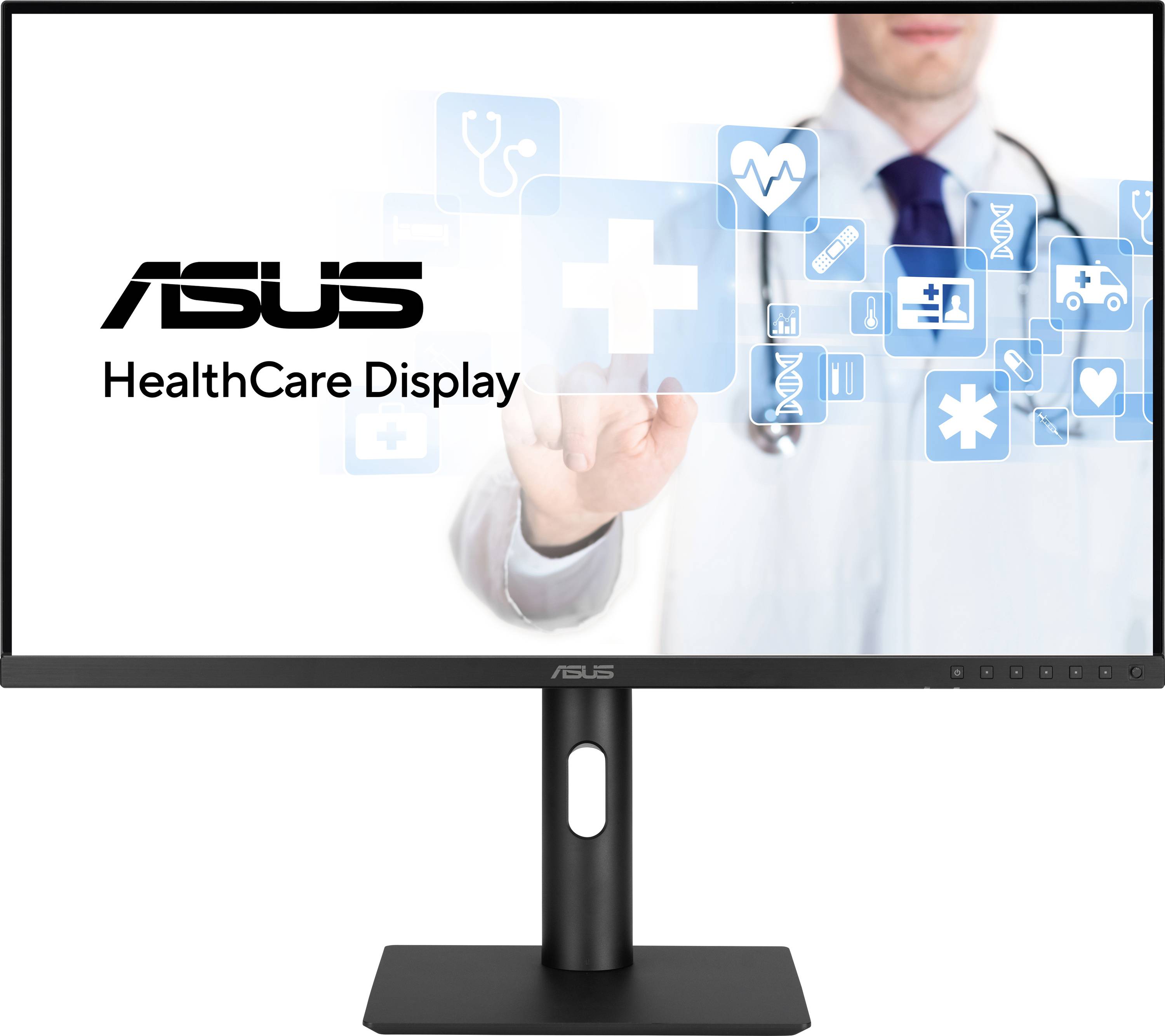 En läkare pekar på virtuella symboler som medicinska informationsikoner och ett kors. Till vänster står 'ASUS HealthCare Display'.