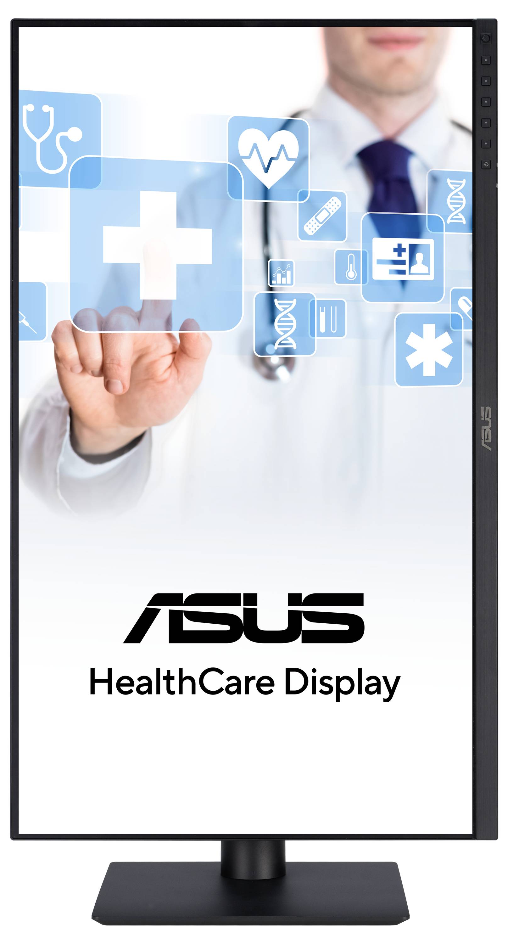 En läkare trycker på en virtuell skärm med hälsosymboler. Längst ner står det 'ASUS HealthCare Display'.