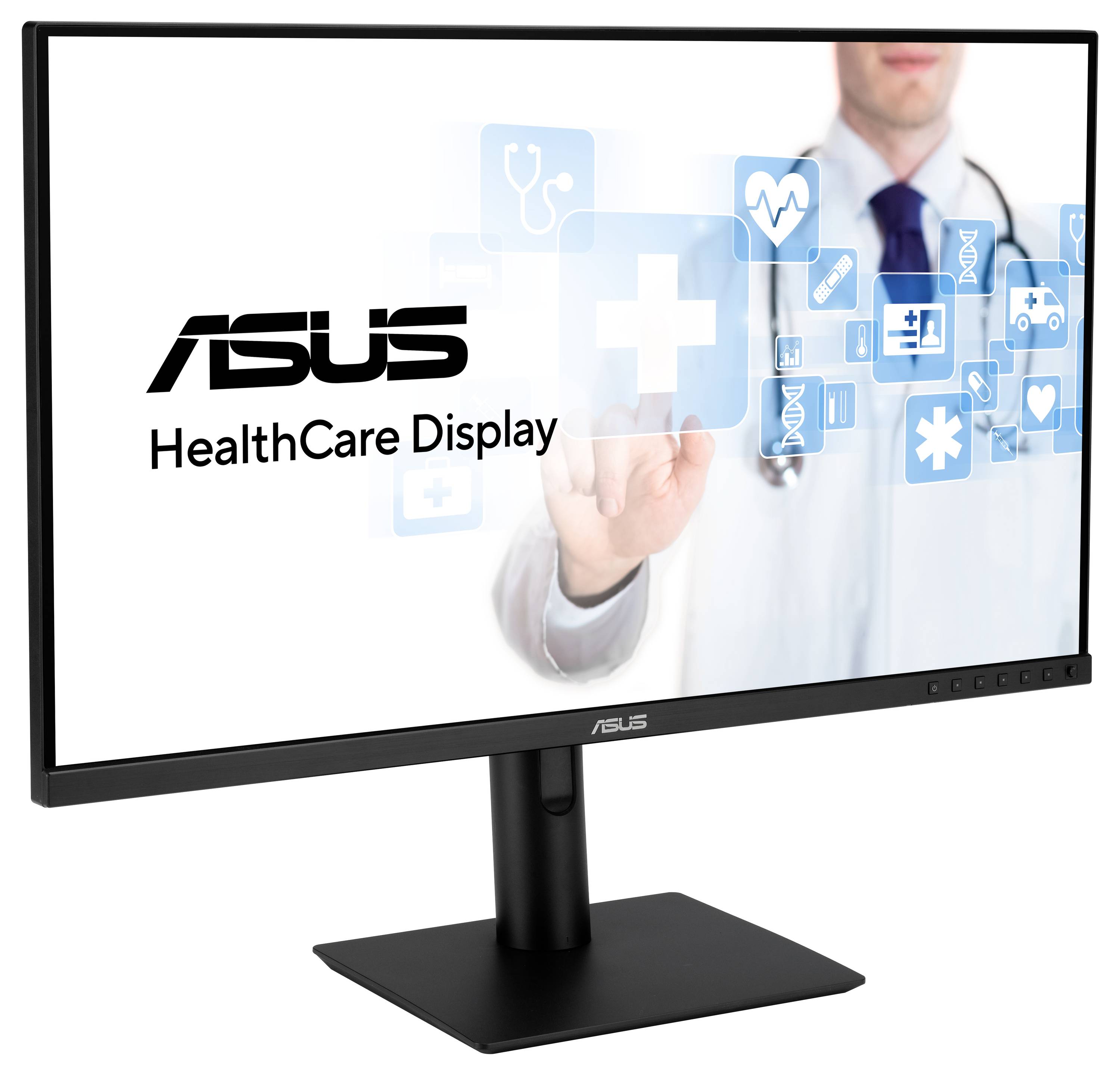 En läkare vidrör symboler på en ASUS HealthCare-skärm. Skärmen visar hälsoikoner som hjärta och kors.