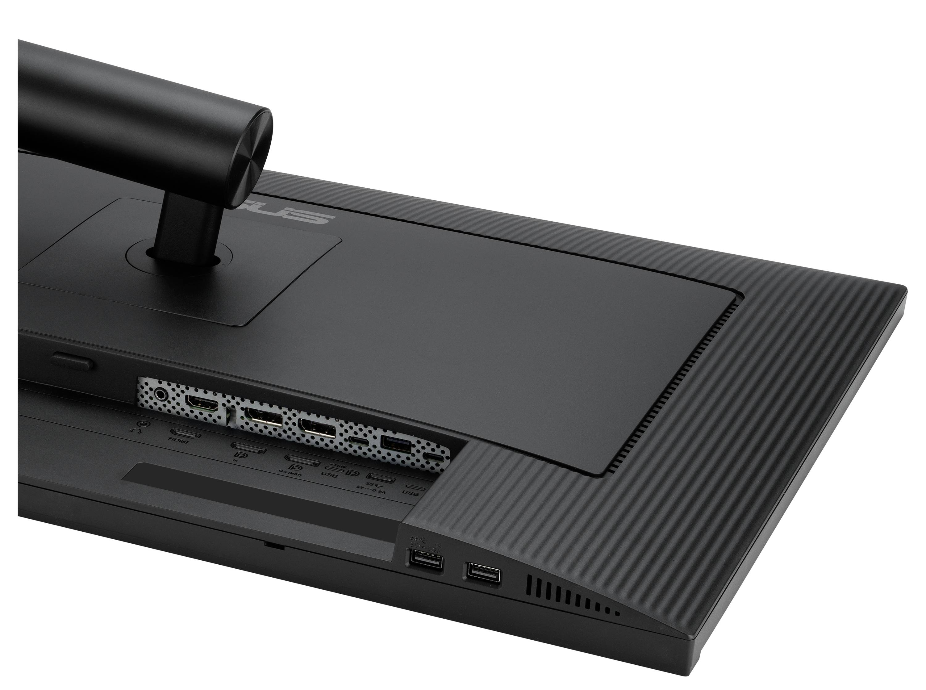 Baksidan av en bildskärm med flera gränssnitt, inklusive USB-portar. Foten är utformad i en cylindrisk form.