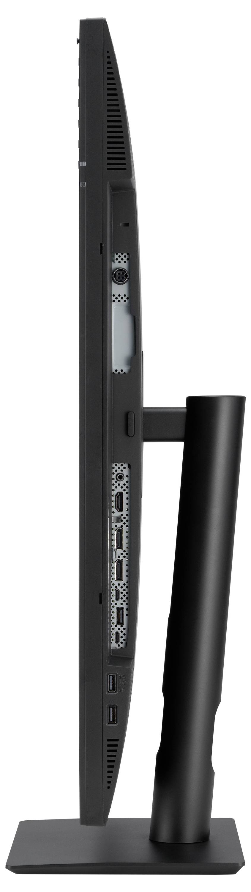 Sidovy av en smal svart datorskärm på ett stativ, som visar den smala designen och anslutningarna på sidan.