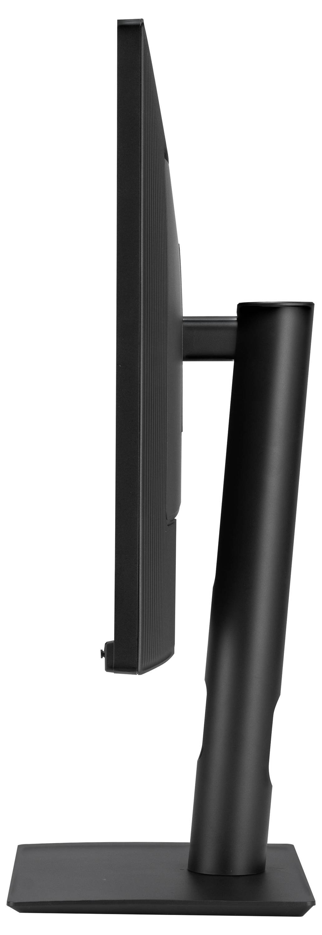 Sidovy av en dataskärm med ett tunt, modernt design, monterad på ett höjdjusterbart stativ.