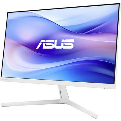 En modern ASUS-skärm med en smal vit ram och fot, visar en abstrakt blå-lila bakgrundsbild på skärmen.