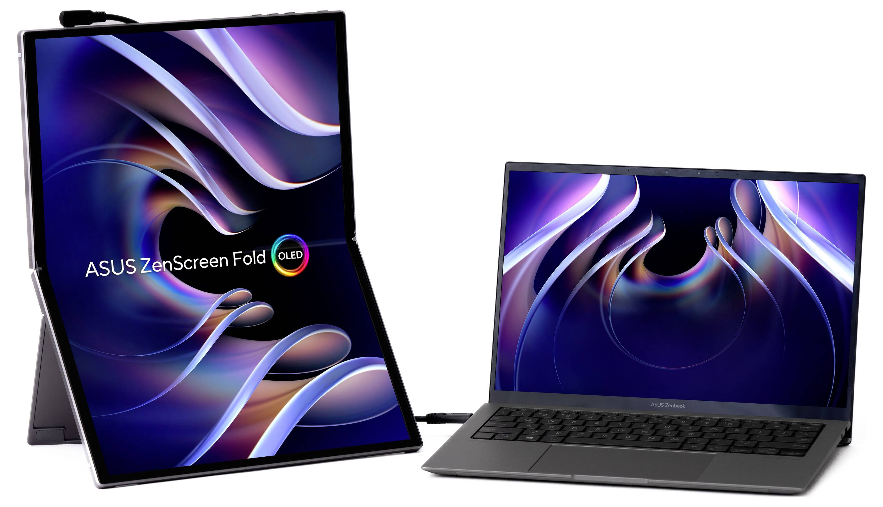 En uppfälld ASUS ZenScreen Fold OLED-skärm bredvid en ASUS-laptop. Båda skärmarna visar ett färgglatt, abstrakt mönster.